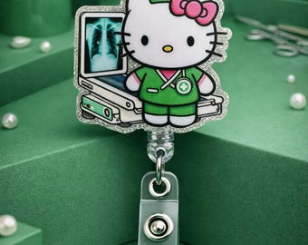 Green Hello Kitty Badge Reel | Retractable ID Holder | Healthcare Accessories