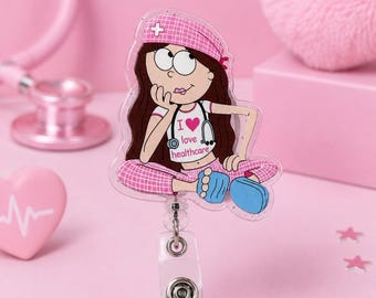 I Love Healthcare Pink Badge Reel, Healthcare Worker Retractable ID Holder, RN CNA Nursing Student Gift, Medical Badge Reel