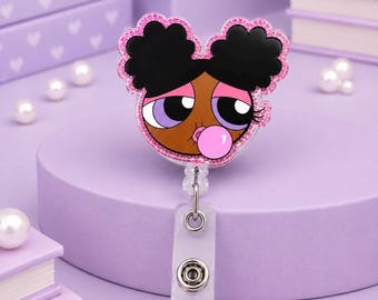 Cute Pink Cartoon Badge Reel, Glitter Retractable ID Holder, Nurse Badge Reel, Healthcare Worker Gift, CNA RN Nursing Accessory