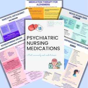May include: A collection of educational medical charts on a light blue background. The central chart reads "Psychiatric Nursing Medications" with an illustration of a brain and pills. Other charts cover topics like "Narcotic Antagonist," "Medication Therapy for Alzheimers," and "Mood Stabilizers."