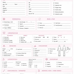 May include: A pink and white medical assessment form titled Head-to-Toe Assessment by Mocha Study Bar. The document features sections for patient information, vitals, safety, neurological, head and face, cardiovascular, respiratory, integumentary, gastrointestinal, genitourinary, and musculoskeletal systems with checkboxes and blank lines.