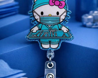 Surgical Hello Kitty Badge Reel | Blue Medical Badge Holder | Retractable ID Badge Reel