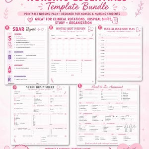 Peut inclure: Un ensemble de modèles essentiels pour les soins infirmiers comprenant cinq feuilles imprimables roses et blanches : rapport SBAR, aperçu mensuel des quarts, plan horaire, fiche cerveau et évaluation complète, ornés d'icônes médicales.
