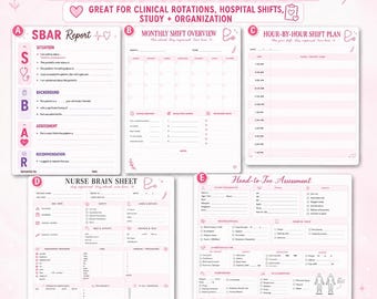Pink Nursing Template Bundle | Nurse Brain Sheets | SBAR Report | Head to Toe | Shift+ Monthly planner | Clinical Rotations | PDF Printable