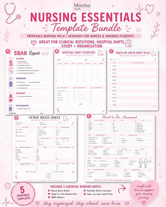 Pink Nursing Template Bundle | Nurse Brain Sheets | SBAR Report | Head to Toe | Shift+ Monthly planner | Clinical Rotations | PDF Printable
