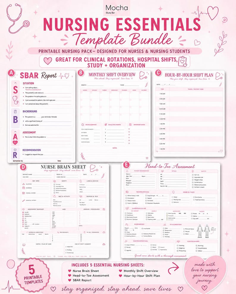 May include: A digital nursing essentials template bundle featuring five pink and white printable sheets: SBAR Report, Monthly Shift Overview, Hour-by-Hour Shift Plan, Nurse Brain Sheet, and Head-to-Toe Assessment, all decorated with medical icons.