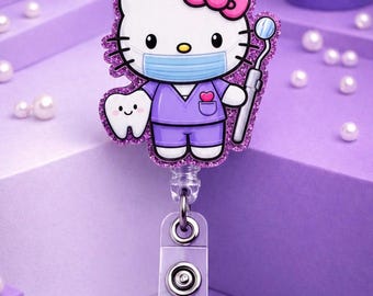 Hello Kitty Dental Badge Reel | Cute Dental Hygienist Badge Holder | Glitter Acrylic Retractable ID Badge | Dental assistant gift