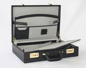 Professional Mens Leather Executive Black Briefcase with Combination Golden Lock