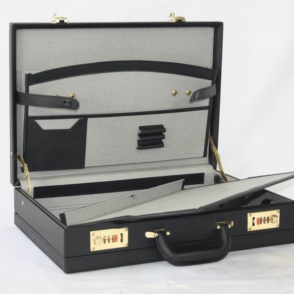 Professional Mens Leather Executive Black Briefcase with Combination Golden Lock