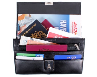 Leather TRAVEL Document WALLET ORGANISER with lock for Passport