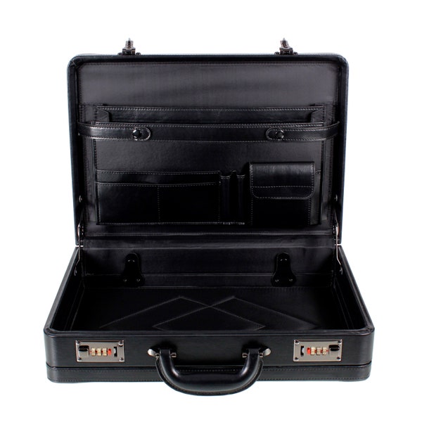 Premium Expandable Executive Attache Case Briefcase Black AR Deluxe Faux Leather