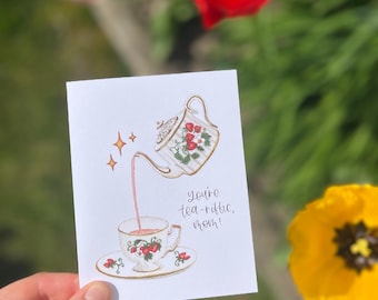 Happy Mother’s Day Card Watercolor | Handpainted Teapot and Teacup | For Mom | You’re tea-riffic, mom | Pun