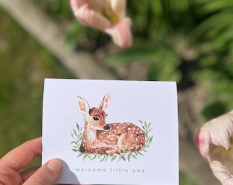 Handmade Watercolor Fawn Deer New Baby Card: Congratulations Card