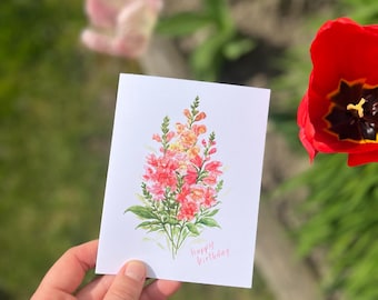 Watercolor Snapdragon Birthday Card | Floral