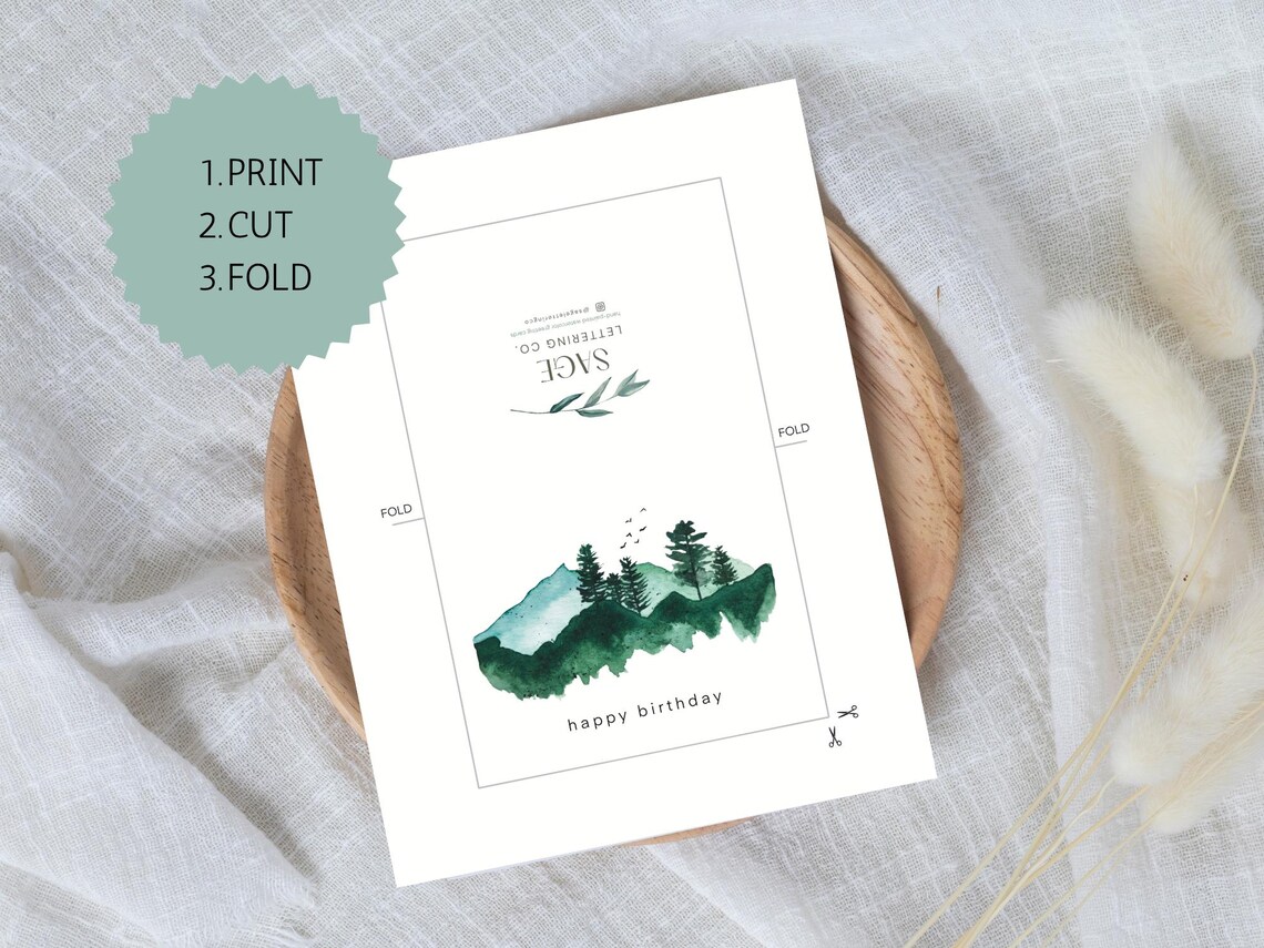 PRINTABLE Birthday Card | Card for Him | Watercolor Mountains and Trees ...