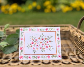 Watercolor Pink and Gold Yellow Flower Border Greeting Card: Handmade Floral Card for Birthday or Friendship or Anniversary or Thank You