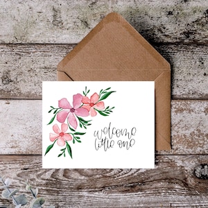 Aquarelle pour nouveau-né | Carte de voeux faite main | Félicitations | Fleurs | Petite fille | Nouveaux parents | Bienvenue aux tout-petits