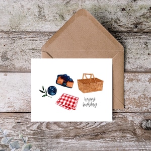 carte de joyeux anniversaire de petite baie | de voeux aquarelle | carte de pique-nique aux bleuets | pour elle | Cottagecore | Maman | Sœur | Fille | Ami