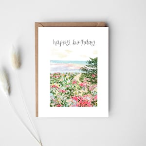 Birthday Card Watercolor | Handmade Greeting Card | Happy Birthday | Ocean Flower Landscape | For Him | For Her | Nature | For Wife | Friend
