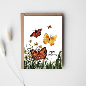 carte d'anniversaire papillons | Aquarelle | Carte de joyeux anniversaire | pour elle | Cottagecore | Maman | Sœur | Fille | Ami | Pour lui | Mari
