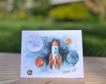 Watercolor Space Birthday Card | Planets | Rocket | Blast Off | For kid | Son | Daughter | Child | Party