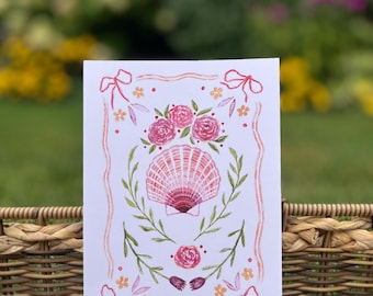 Watercolor Shell Floral 5x7” Wall Art Print: Handmade Flower Roses Pink Ribbons
