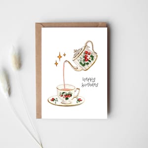 Birthday Card Watercolor | Happy Birthday | Handpainted | Teapot Teacup Tea | Cottagecore | For Her | Wife | Mom | Sister | Girlfriend