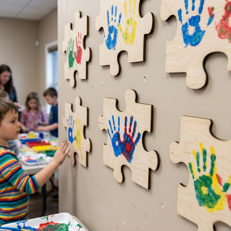 May include: Wooden puzzle pieces with colorful handprints in red, blue, green, and yellow are mounted on a wall. A child in a striped shirt reaches toward the artwork. The scene suggests a creative activity.