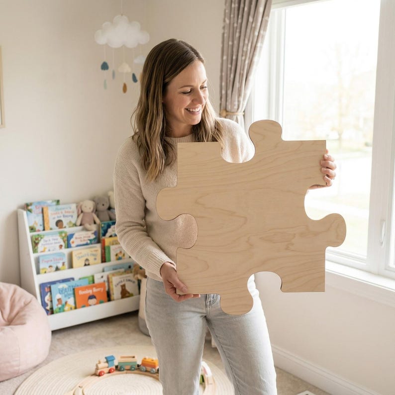 May include: A large, unfinished wooden jigsaw puzzle piece. The piece is held by a person in a light-colored room with a bookshelf and a window. The puzzle piece is a light tan color and has a classic jigsaw shape.