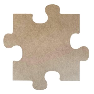 May include: A single, light brown puzzle piece with a classic interlocking shape. The piece has a smooth, unfinished surface and is set against a clean white background. This item is suitable for crafts, games, or educational purposes.