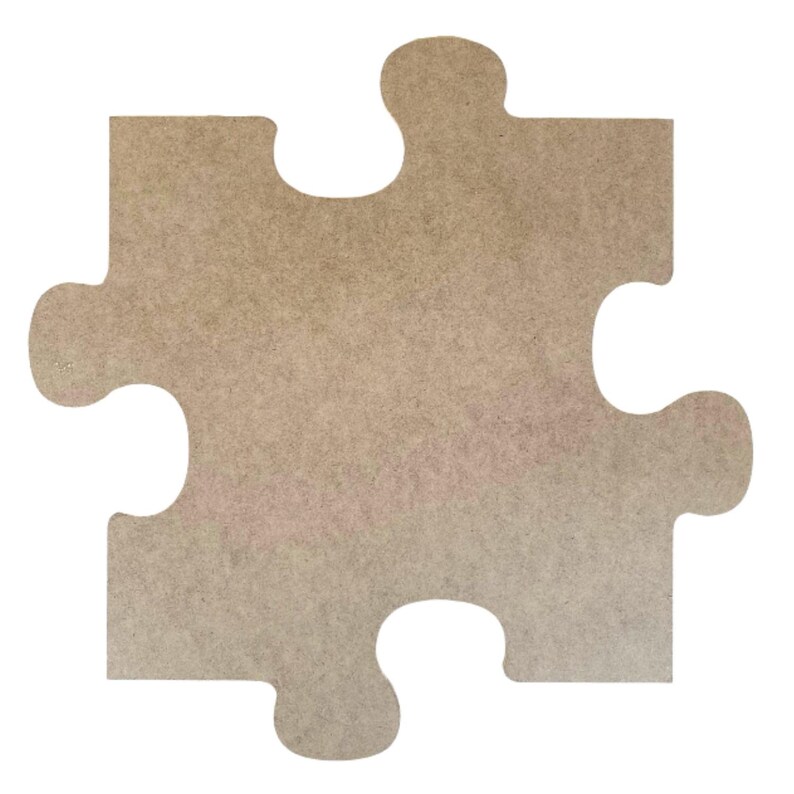 May include: A single, light brown puzzle piece with a classic interlocking shape. The piece has a smooth, unfinished surface and is set against a clean white background. This item is suitable for crafts, games, or educational purposes.