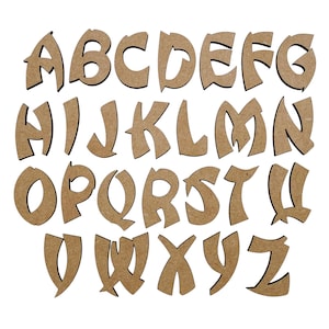 May include: A set of 26 wooden letters in a stylized font. The letters are brown and have a rough, unfinished texture. The letters are arranged in alphabetical order.
