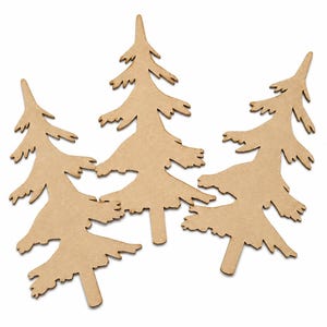 May include: Three flat, light brown, die-cut tree shapes made of a smooth, matte material. Each tree features a pointed top, jagged, layered branches extending from a central trunk, and a short, rectangular base at the bottom for standing.