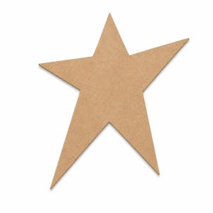 May include: A large, five-pointed star cut from light brown, unfinished wood. The star is set against a white background, with a simple, clean design. The star's points are sharp and well-defined, making it suitable for crafts or decor.