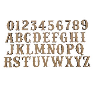 May include: A set of wooden alphabet letters and numbers in a vintage style font. The letters are brown and have a slightly distressed look. The numbers are also brown and have a slightly distressed look.