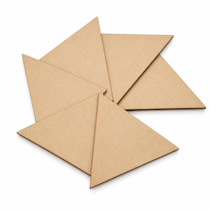 May include: Six tan, wooden, triangular pieces arranged in a starburst pattern. The triangles are evenly spaced and appear to be made of a light-colored wood or cardboard material. The background is plain white.