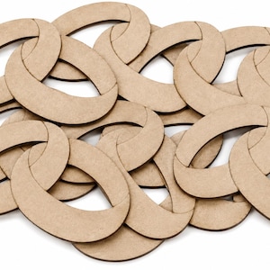 May include: A collection of interlocking wooden oval shapes, each with a light brown color and a smooth finish. The shapes are arranged in a pile, creating a layered effect. The design suggests a puzzle or decorative element.