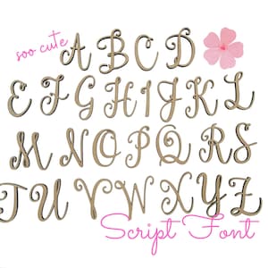 May include: A set of wooden letters in a cursive script font. The letters are painted brown and are arranged in alphabetical order. The letters are on a white background. The text "soo cute" and "Script Font" are also visible in the image.