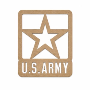 May include: A tan, flat, laser-cut wooden sign featuring the U.S. Army logo. The design consists of a five-pointed star centered within a rectangular frame, with the text U.S. ARMY cut out in block capital letters along the bottom section.