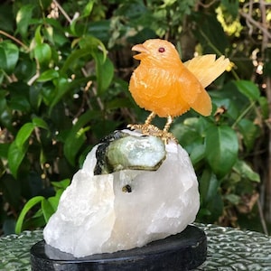Amazing Orange Calcite sparrow in Green Tourmaline in quartz matrix base