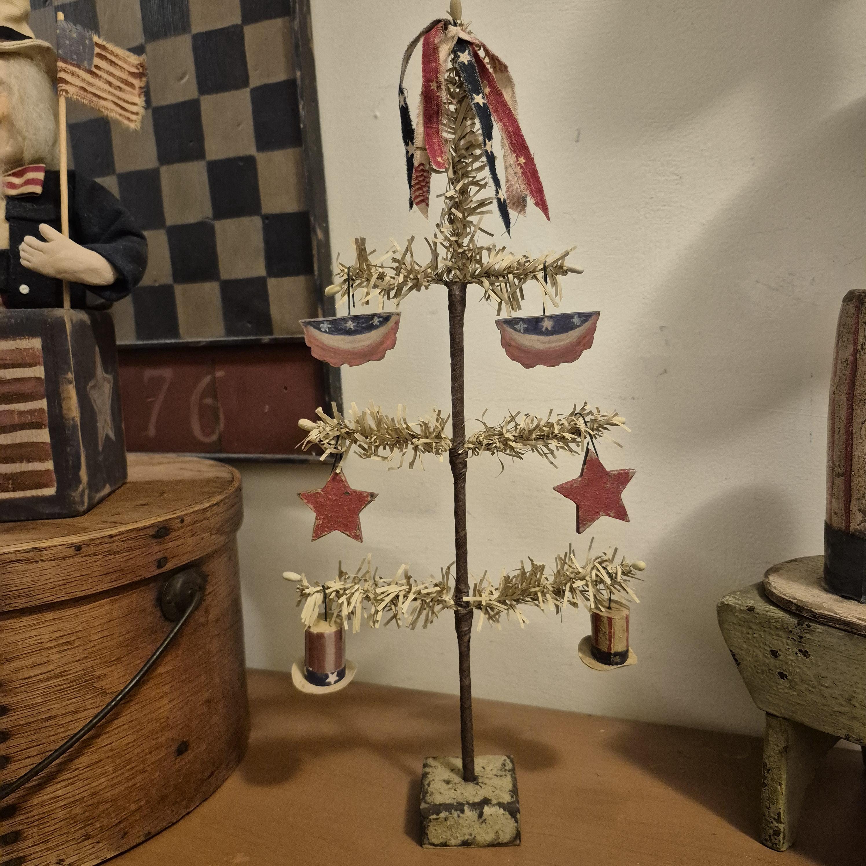 Handmade Patriotic Faux Feather Tree with Ornaments Independence Day 4th of July Americana