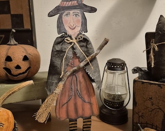 Primitive Hand Painted Standing Halloween Witch
