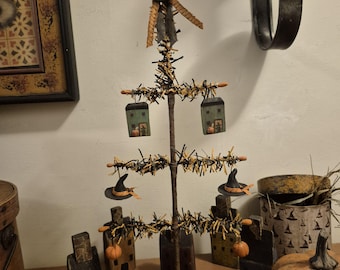 Handmade Halloween Flat Faux Feather Tree with Ornaments Halloween Fall pumpkins Seasonal Prim Vintage
