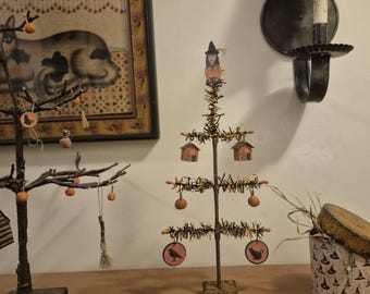 Handmade Halloween Flat Faux Feather Tree with Ornaments Halloween Fall Seasonal Vintage