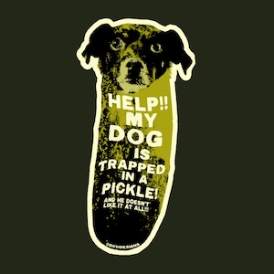 HELP! My dog is in a PICKLE Sticker: 3&quot; inch die cut sticker weird bumper/laptop/etc sticker