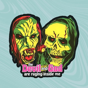 Może przedstawiać: Kolorowa ilustracja dwóch twarzy potworów, jedna zielona, a druga żółta, z dziewczynką w środku. Tekst "the Devil and God are raging inside me" jest napisany pod twarzami.
