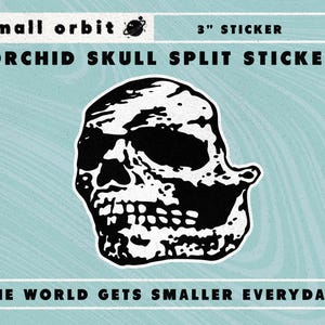 Puede incluir: Una pegatina de 7,6 cm con una ilustración en blanco y negro de una calavera. La pegatina tiene el texto "ORCHID SKULL SPLIT STICKER" y "THE WORLD GETS SMALLER EVERYDAY" sobre un fondo azul claro.