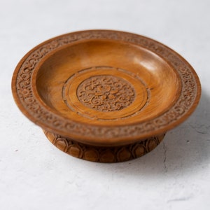 Vintage carved turned wooden pedestal bowl