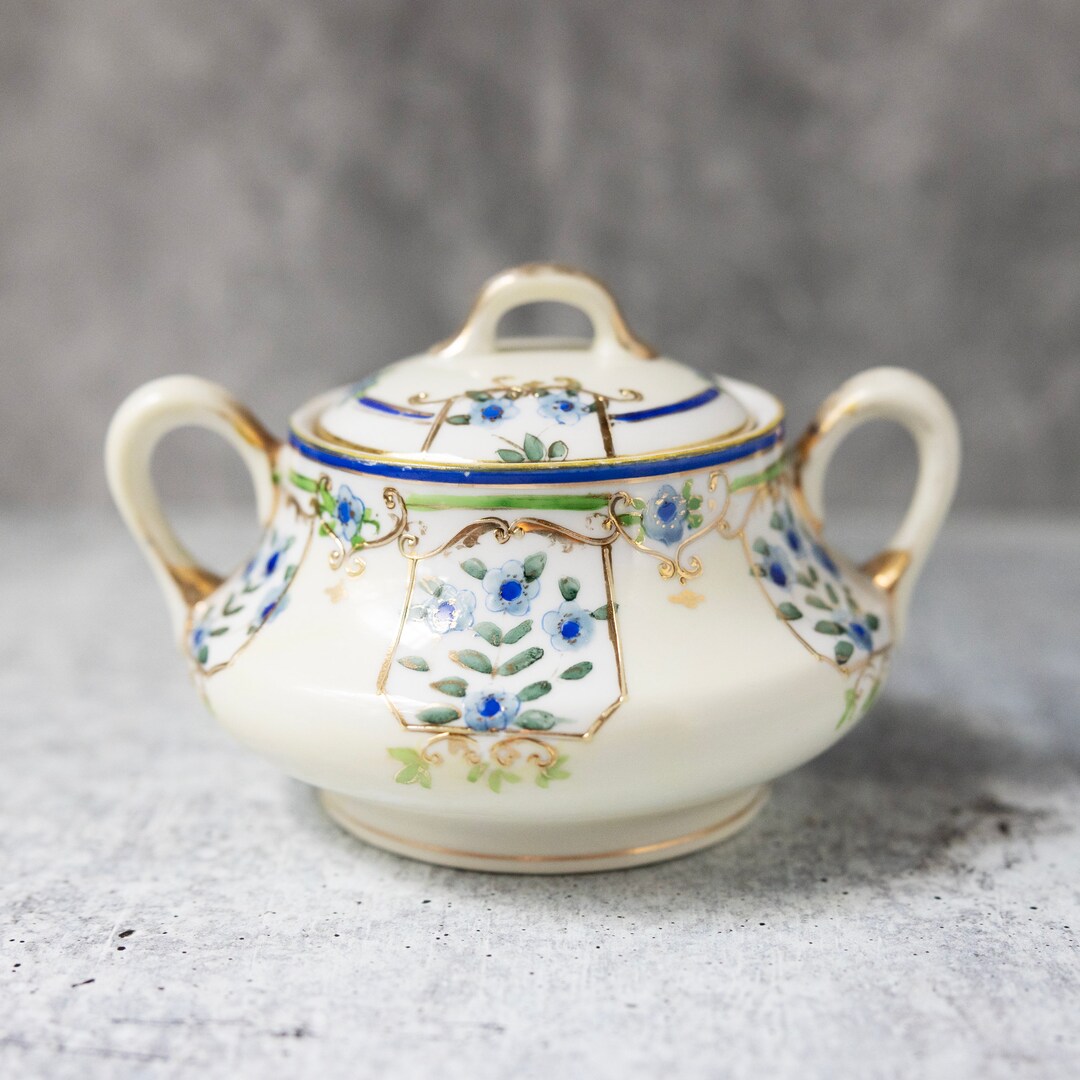 Japan Hand Painted Nippon Sugar Bowl With Lid Vintage Porcelain Ceramic