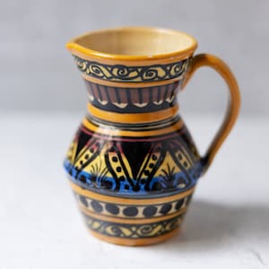 Spain Spanish painted pitcher with handle yellow blue black red vintage ceramic pottery
